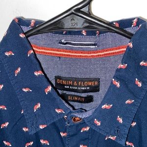 Denim & Flower Mens Button Down Shirt with Foxes Navy Blue Small Slim Fit